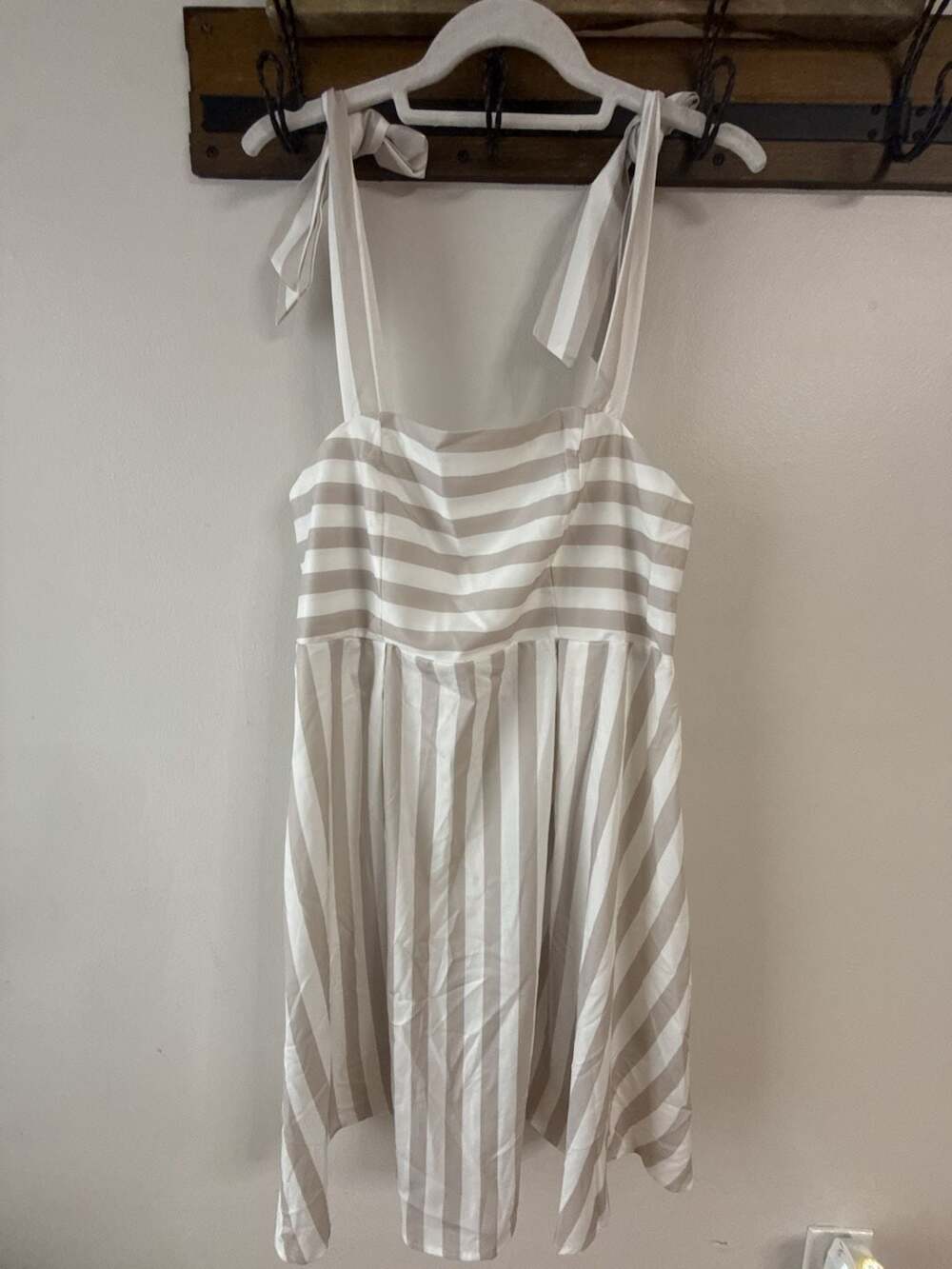 SHEIN Tan and White Striped Tie-Shoulder Smocked Back Mini Dress